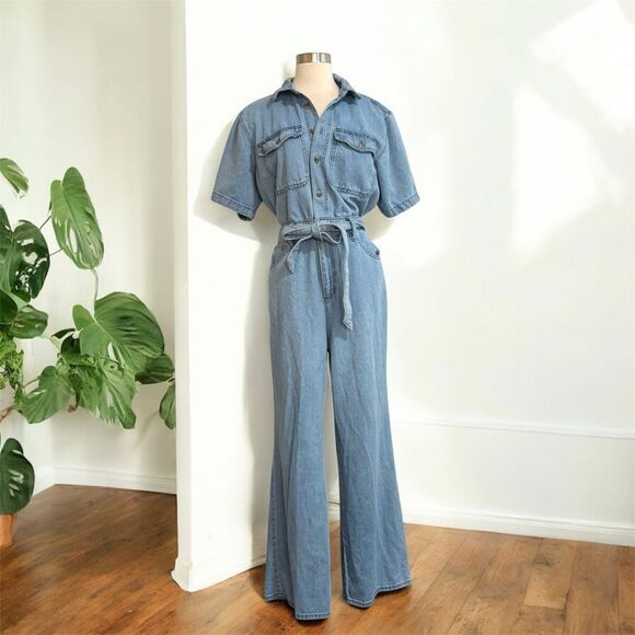 Universal Thread Blue Boiler Suit Jumpsuit Denim Wide Flare Leg 12 - Picture 1 of 8